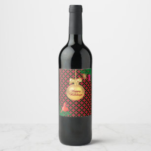 Christmas ball, bird, pine cones on Black & Red Wine Label