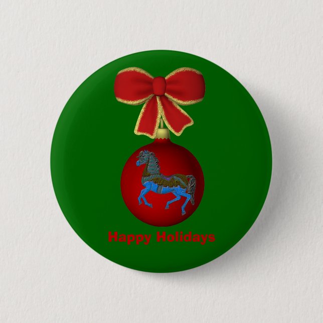 Christmas Ball Carousel Horse Holiday Button Pin (Front)