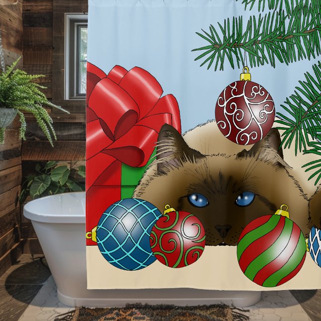 Christmas Ball Ornament Cat Shower Curtain (Creator Uploaded)