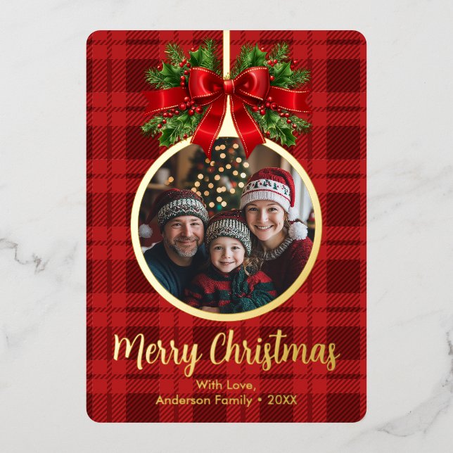 Christmas Ball Ornament Holly Berries Photo Plaid Foil Holiday Card (Front)