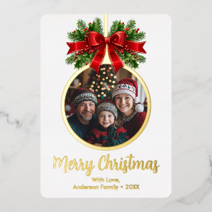 Christmas Ball Ornament Holly Berries Photo Plaid Foil Holiday Card
