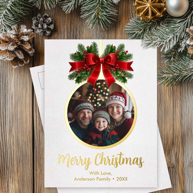 Christmas Ball Ornament Holly Berries Photo white Foil Holiday Postcard (Christmas Ball Ornament Photo Buffalo Plaid Foil Holiday Postcard)