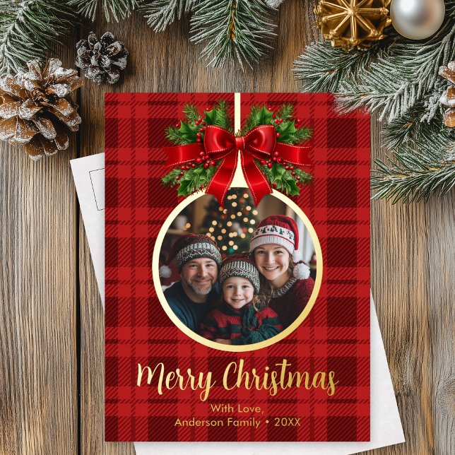 Christmas Ball Ornament Photo Buffalo Plaid Foil Holiday Postcard (Christmas Ball Ornament Photo Buffalo Plaid Foil Holiday Postcard)