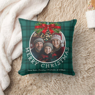 Christmas Ball Ornament Photo Green Buffalo Plaid Cushion