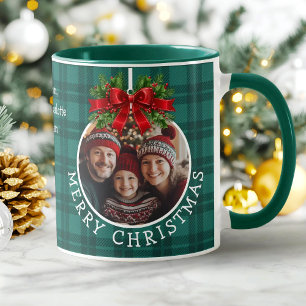 Christmas Ball Ornament Photo Green Buffalo Plaid Mug