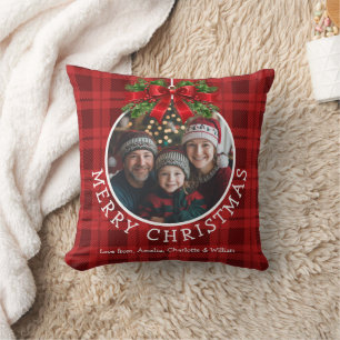 Christmas Ball Ornament Photo Red Buffalo Plaid Cushion