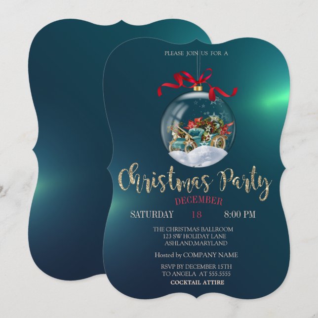 Christmas Ball,Retro Car, Green Christmas Company  Invitation (Front/Back)
