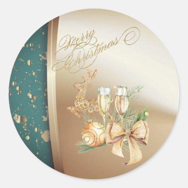  Christmas Ball,Wine Glass,Reindeers,Bow Classic Round Sticker (Front)