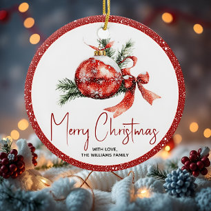 Christmas ball with red bow and fir branches ceramic ornament