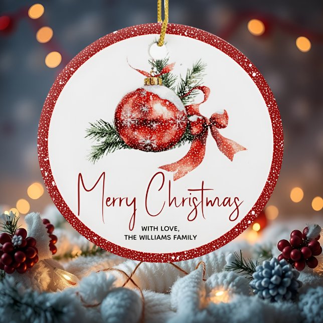 Christmas ball with red bow and fir branches  ceramic ornament (Creator Uploaded)