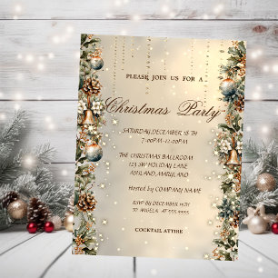  Christmas Balls,Bells,Pinecones Gold Christmas  Invitation