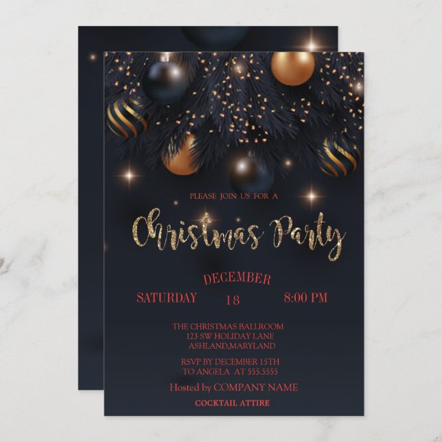  Christmas Balls Black Company Party   Invitation (Front/Back)