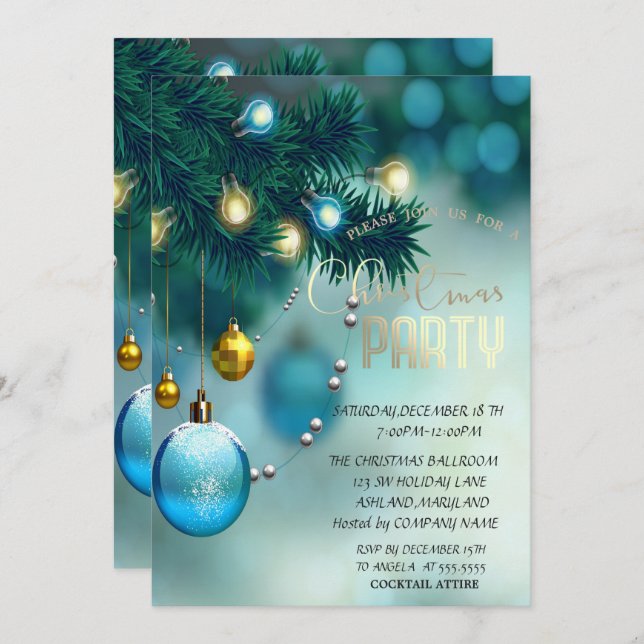 Christmas Balls Blue Corporate Christmas Party Invitation (Front/Back)