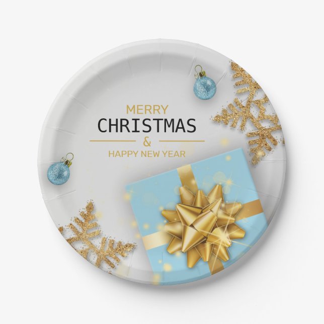 Christmas Balls Blue Gift Box Gold Snowflakes Paper Plate (Front)