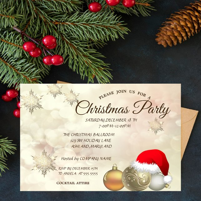 Christmas Balls,Bokeh ,Santa Hat Corporate Party Invitation (Creator Uploaded)