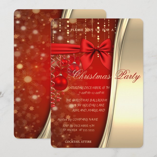 Christmas Balls,Bow, Red , Gold Corporated Party Invitation (Front/Back)