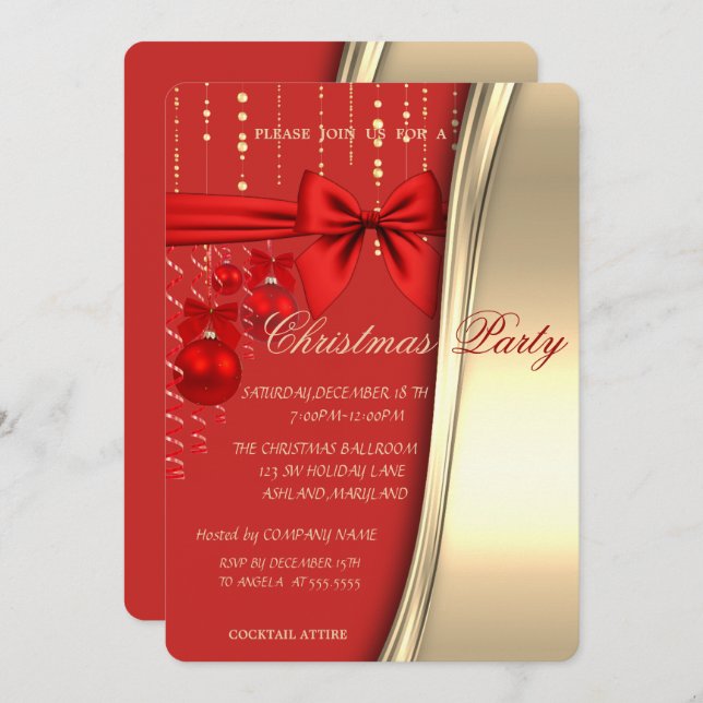 Christmas Balls,Bow, Red , Gold Corporated Party Invitation (Front/Back)