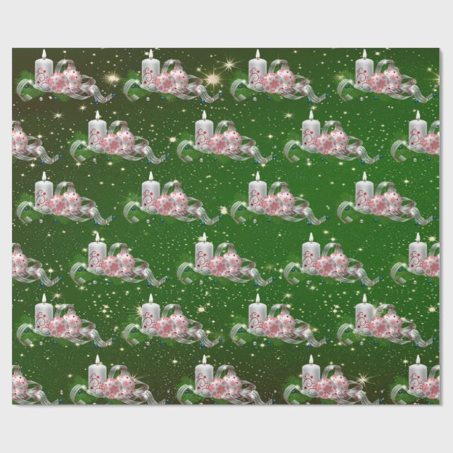 Christmas Balls,Candles Green Holiday Wrapping Paper (Flat)