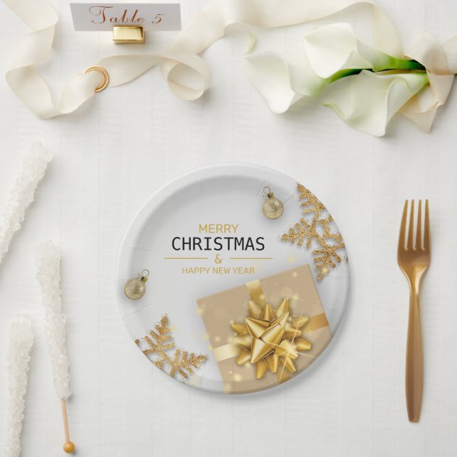 Christmas Balls Gold Gift Box Gold Snowflakes Paper Plate (Wedding)