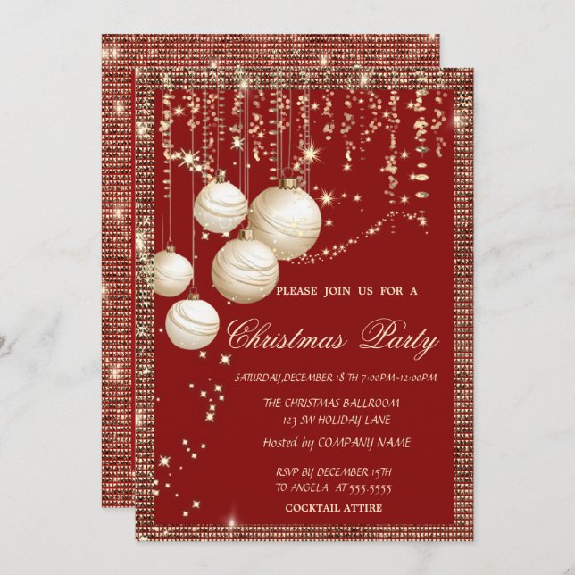 Christmas Balls Gold Sequins Frame Red Christmas  Invitation (Front/Back)