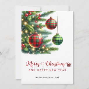 Christmas Balls Green & Red Plaid Holiday Card