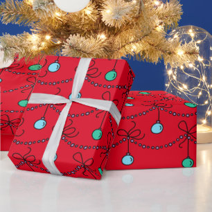 Christmas Balls Light String Pattern on Red Wrapping Paper
