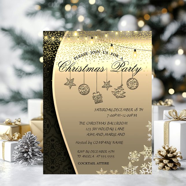 Christmas Balls,Lights Damask Gold Christmas Party Invitation (Creator Uploaded)