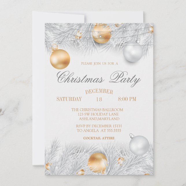 Christmas Balls,Lights Silver Christmas Company Invitation (Front)