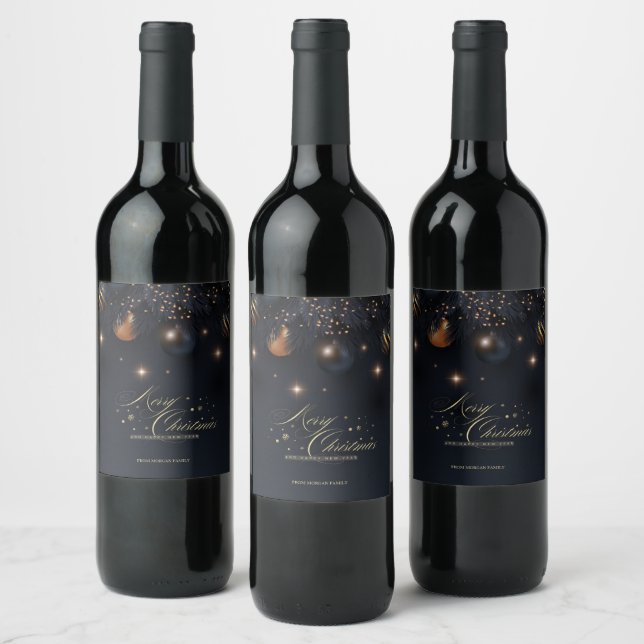 Christmas Balls Pine Tree Branches Black Wine Label (Bottles)