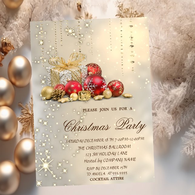Christmas Balls Presents Gold Christmas Party  Invitation (Creator Uploaded)