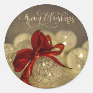 Christmas Balls, Red Bow, String Lights Classic Round Sticker