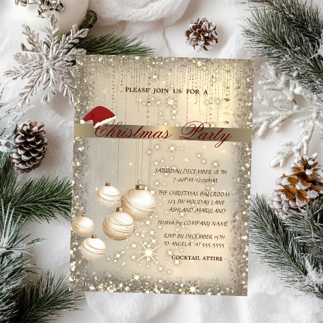 Christmas Balls Santa Hat Sparkle Christmas Party Invitation (Creator Uploaded)