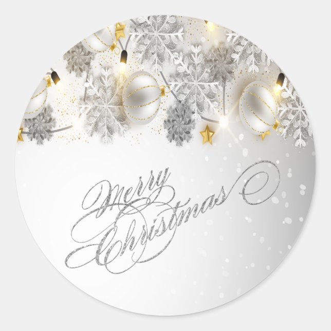 Christmas Balls,Snowflakes,Lights, Merry Christmas Classic Round Sticker (Front)