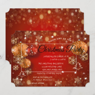 Christmas Balls, Snowflakes, Red Corporate Party Invitation