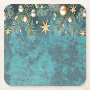 Christmas Balls Stars Branches Vintage  Square Paper Coaster