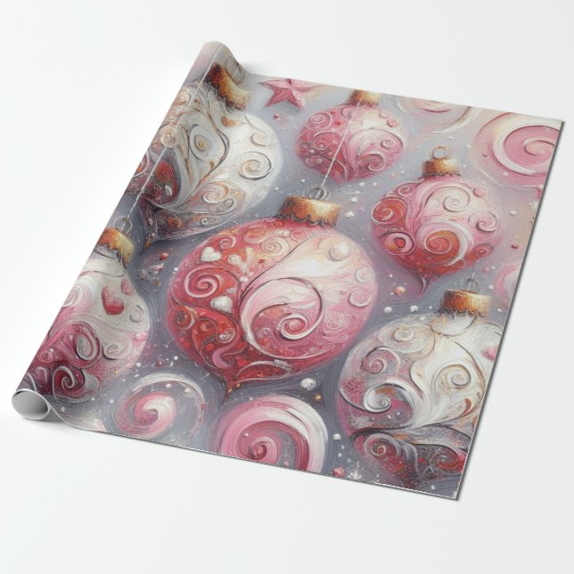 Christmas Balls Whimsical Swirls Pink White Grey Wrapping Paper (Unrolled)
