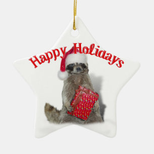 Christmas Bandit Racoon with Present Ceramic Tree Decoration