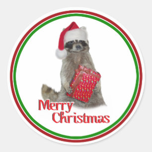 Christmas Bandit Racoon with Present Classic Round Sticker