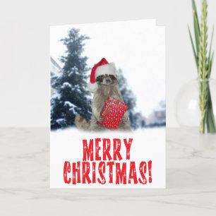 Christmas Bandit Racoon with Present Holiday Card