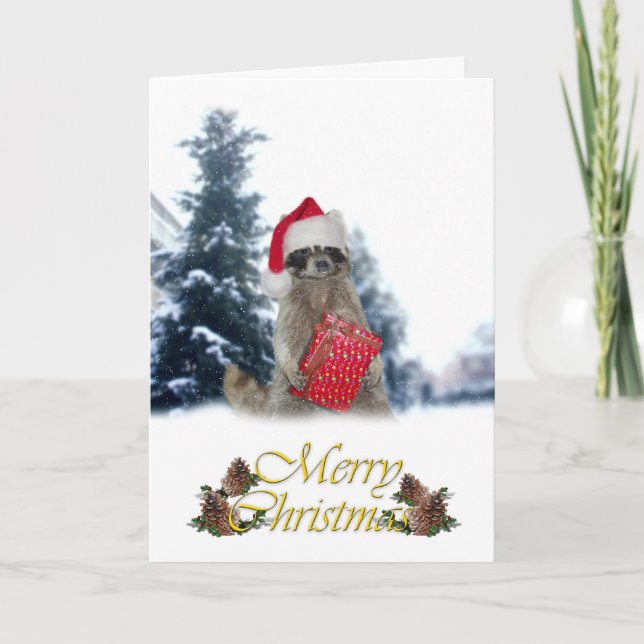 Christmas Bandit Racoon with Present Holiday Card (Front)