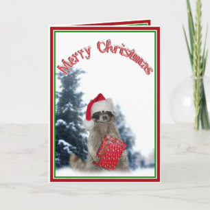 Christmas Bandit Racoon with Present Holiday Card