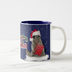 Christmas Bandit Racoon with Present Two-Tone Coffee Mug