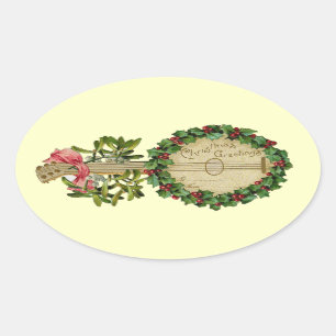 CHRISTMAS BANJO WITH MISTLETOES AND HOLLY BERRIES OVAL STICKER