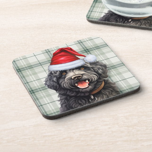 Christmas Barbet Dog Green Plaid Holiday Coaster (Left Side)