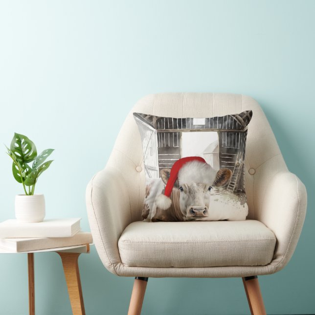 Christmas Barn Cow with Santa Hat  Cushion (Chair)