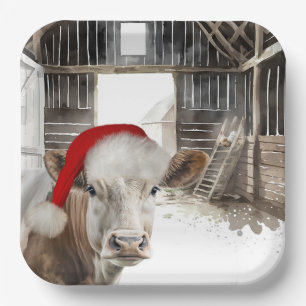 Christmas Barn Cow with Santa Hat Paper Plate