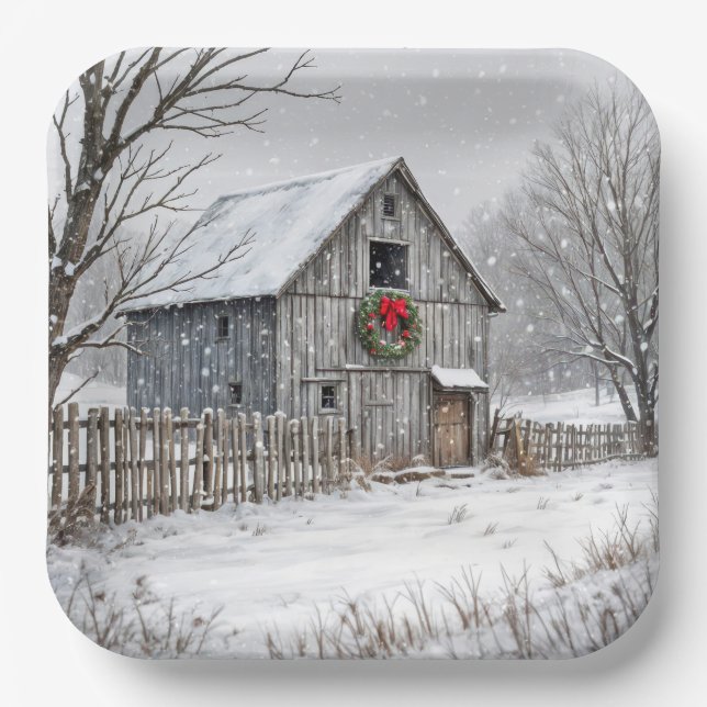Christmas Barn In Snowflakes Paper Plate (Front)