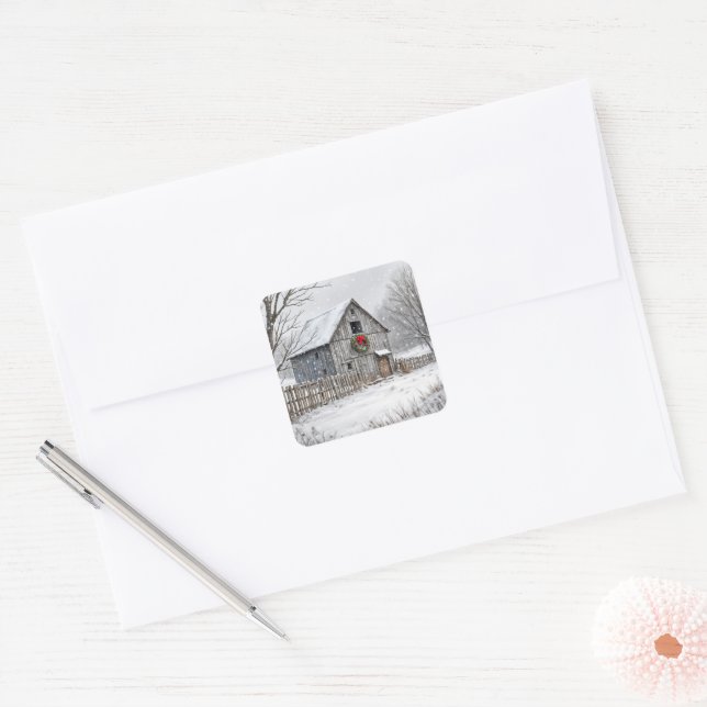 Christmas Barn In Snowflakes Square Sticker (Envelope)