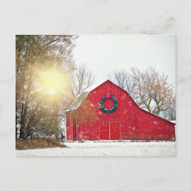 Christmas Barn w/ Sunlight Streaming Through Trees Postcard (Front)