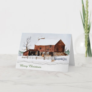 Christmas barn watercolor holiday card